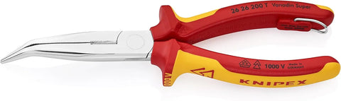 KNIPEX Tools 26 26 200 T Long Nose 40° Angled Pliers with Cutter-1000V Insulated-Tethered Attachment, 8'', Red/Yellow