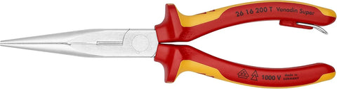 KNIPEX Tools 26 16 200 T Long Nose Pliers with Cutter-1000V Insulated-Tethered Attachment, 8'', Red/Yellow