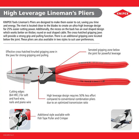 KNIPEX 09 11 240 High Leverage Lineman New England with Tape Puller and Crimper